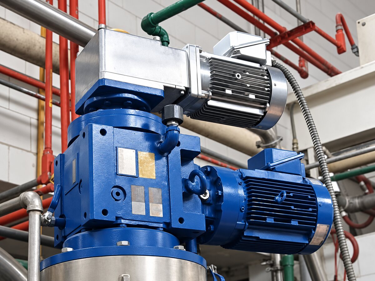 Motorreductor de ángulo recto instalado y operando en una planta industrial